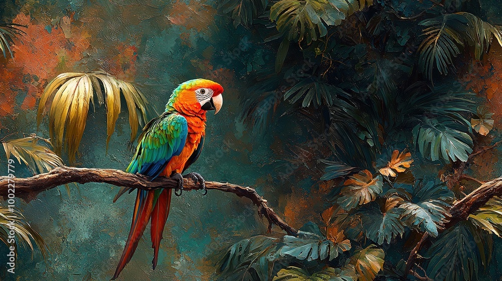 A vibrant parrot perched on a leafy branch amidst lush foliage and a serene tree backdrop in a tropical paradise (3 A vibrant parrot perched on a leafy branch amidst lush foliage and a serene tree backdrop in a tropical paradise (3
