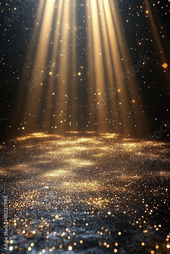 Radiant beams of light illuminating sparkling particles on a dark surface at ...