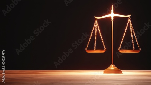 A lit balance scale symbolizes justice and equality against a dark backdrop, emphasizing the importance of fairness in legal systems. photo