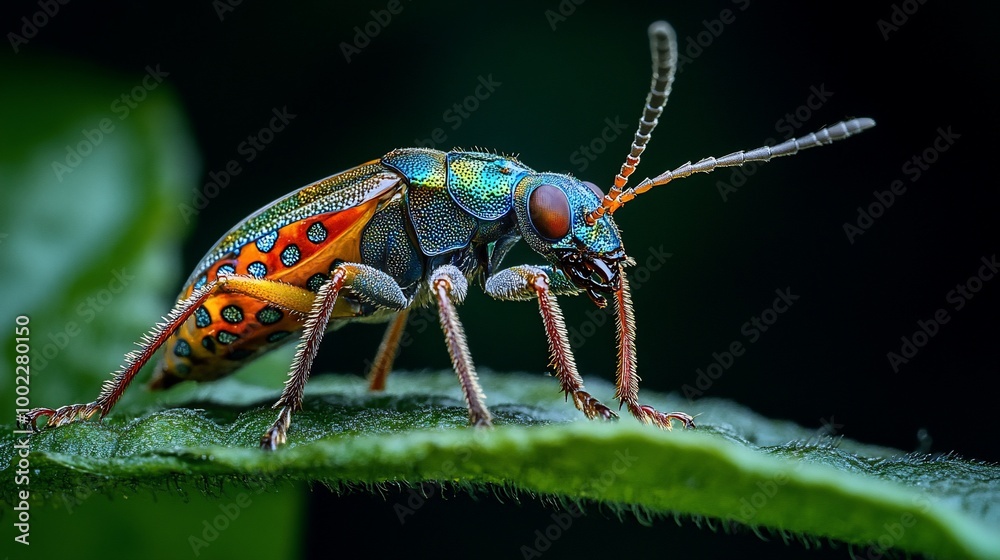 A vibrant, iridescent beetle with orange and blue markings sits on a green leaf. A vibrant, iridescent beetle with orange and blue markings sits on a green leaf.