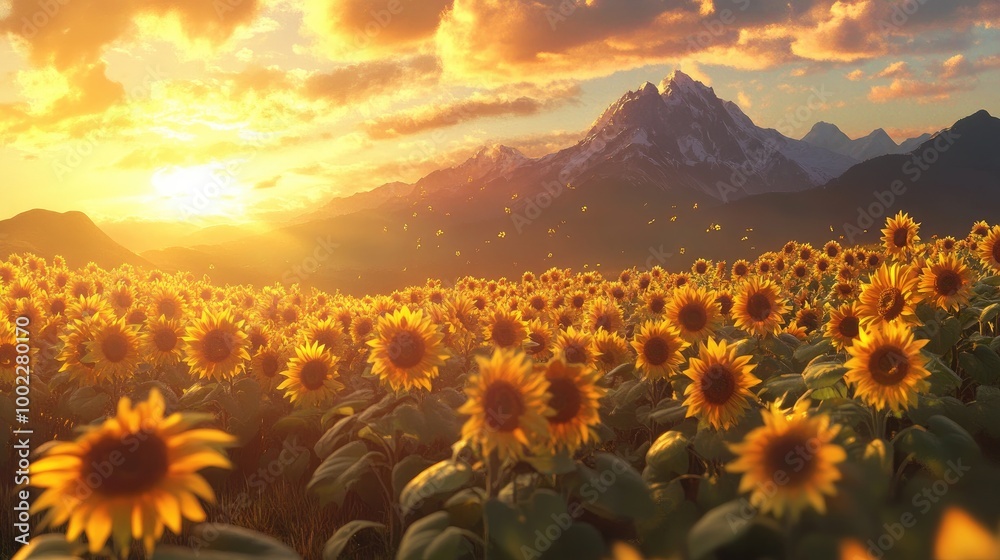 Fototapeta premium Beautiful sunflowers in full bloom with a mountain backdrop, flowing clouds, and golden sunlight creating a serene, realistic landscape