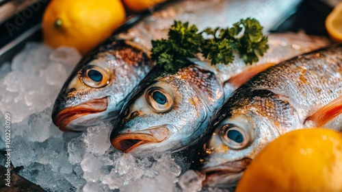 Fresh fish on ice with herbs displayed at a seafood market in the morning
