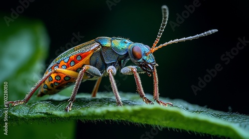 A vibrant, iridescent beetle with orange and blue markings sits on a green leaf.