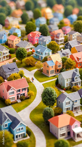 Miniature colorful houses searching viewed through magnifying glass 3D rendering real  estate concept