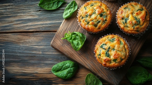 Freshly baked spinach muffins on a wooden board with spinach leaves beside