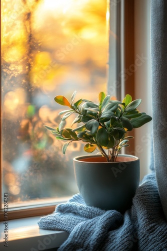 Cozy yellow blanket draped over a chair with a blue pillow in a sunny indoor ...