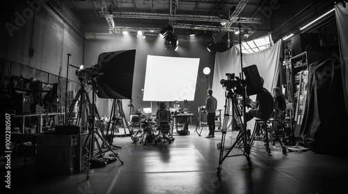 Black and white photo of a professional film production set with cameras, lighting, and crew members preparing for a shoot. photo