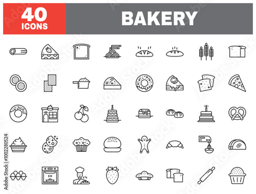 Set of 40 line icons bakery. Outline icon collection. Editable stroke. Vector illustration.