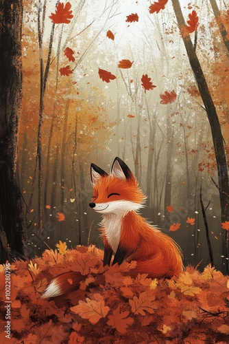 A red fox sits gracefully on a hill of autumn leaves beneath falling foliage ...