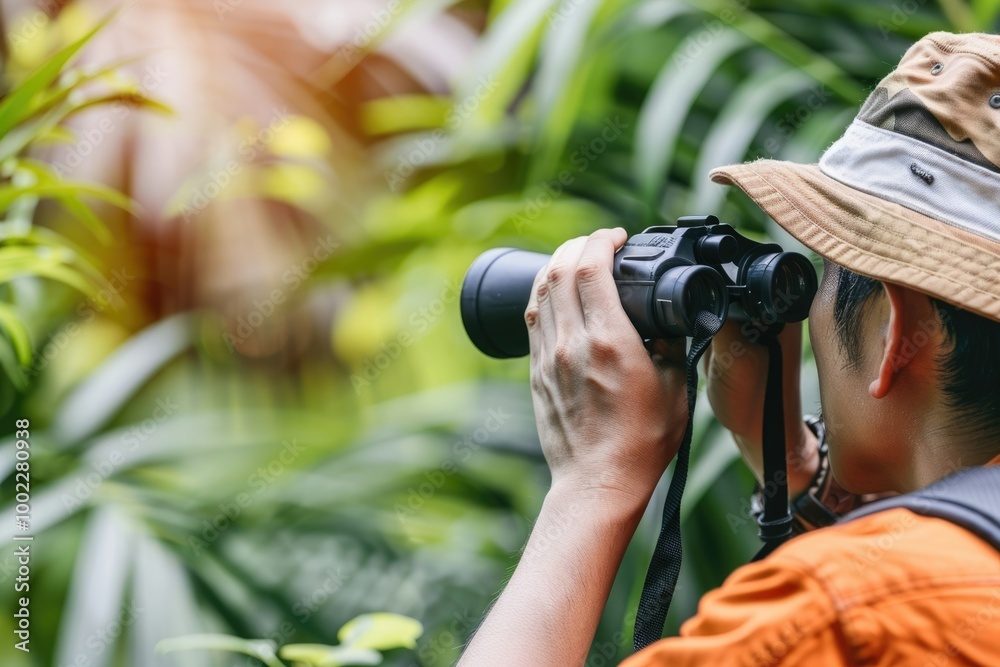 Fototapeta premium Male hiker using binoculars in forest.