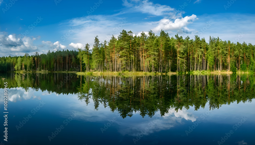 Tranquil Forest Reflected in a Serene Lake Landscape. A peaceful forest scene with tall trees perfectly mirrored in the calm water of a lake under a clear blue sky. Tranquil Forest Reflected in a Serene Lake Landscape. A peaceful forest scene with tall trees perfectly mirrored in the calm water of a lake under a clear blue sky.