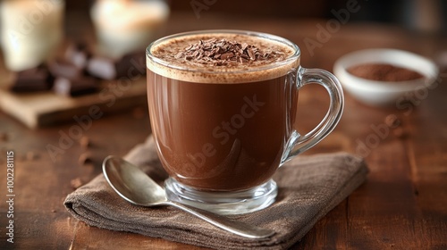 Creamy hot chocolate topped with whipped cream and chocolate shavings on a wo...