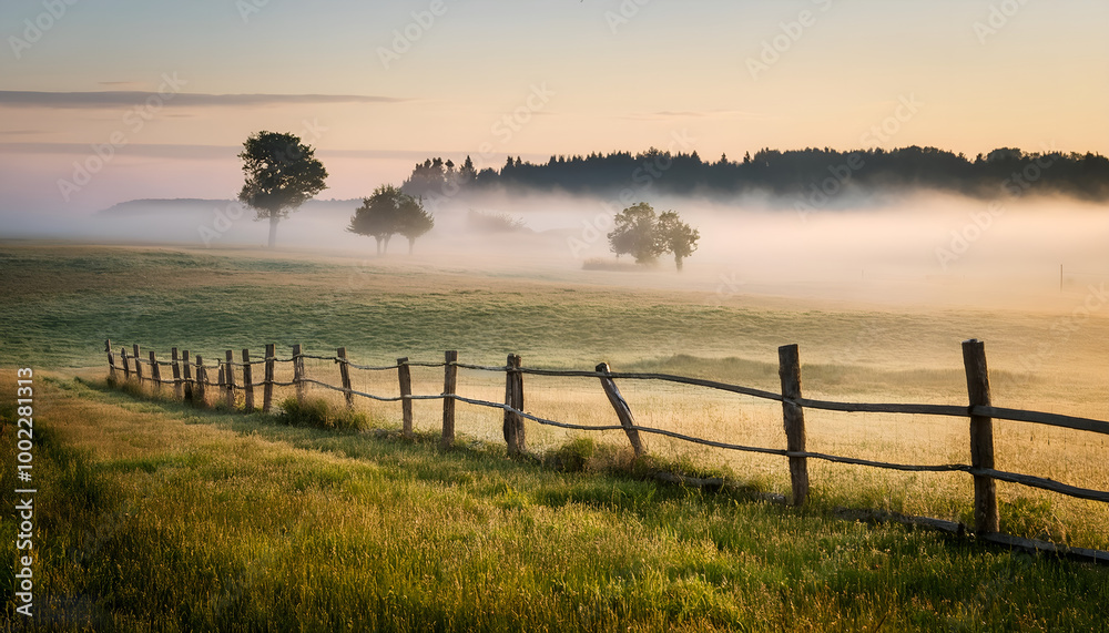 Serene Morning Landscape with Misty Fields and Wooden Fence. A peaceful morning scene featuring rolling fields shrouded in mist, with a rustic wooden fence and distant trees under a soft dawn light Serene Morning Landscape with Misty Fields and Wooden Fence. A peaceful morning scene featuring rolling fields shrouded in mist, with a rustic wooden fence and distant trees under a soft dawn light