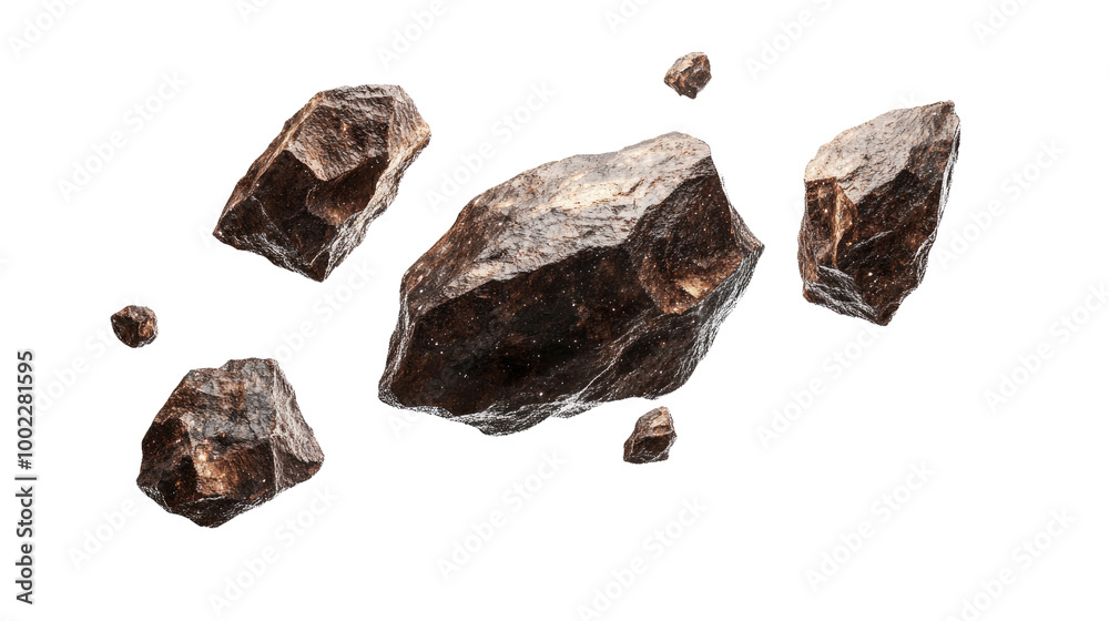 Flying asteroids cut out on white background