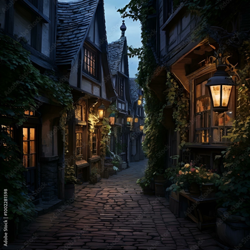 A picturesque old street adorned with cobblestones and glowing lanterns, creating a warm and inviting ambiance. A picturesque old street adorned with cobblestones and glowing lanterns, creating a warm and inviting ambiance.