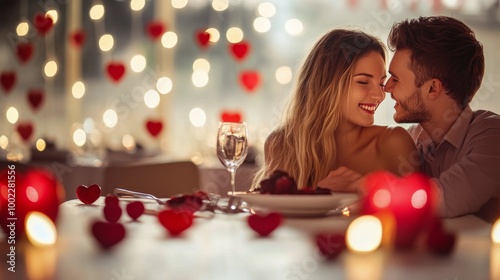 Young couple smiling together amid heart decorations in a cozy cafe setting