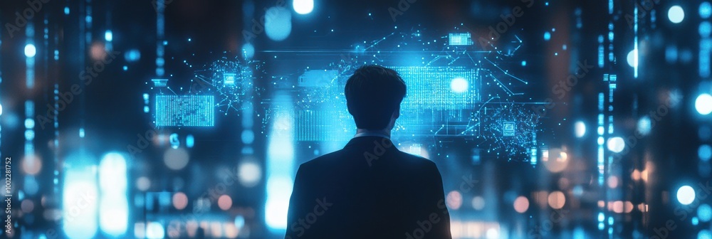 A professional engages with floating holographic data and neural networks in a futuristic digital environment at night. Generative AI A professional engages with floating holographic data and neural networks in a futuristic digital environment at night. Generative AI