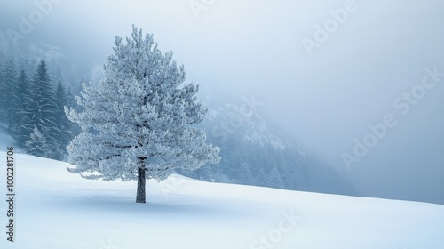 Frost-covered tree in a snow-filled landscape during a foggy winter day