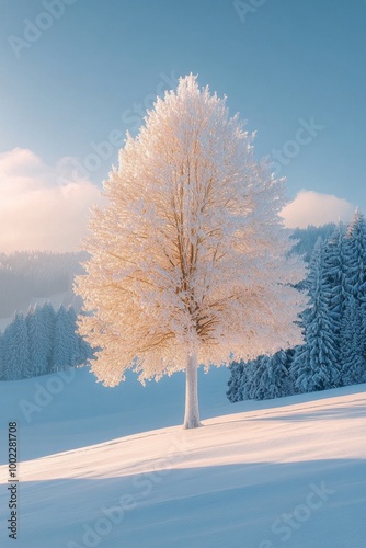 Snow-covered evergreen tree stands alone in a misty winter landscape at dawn