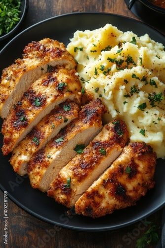 Grilled chicken with mashed potatoes and roasted tomatoes on a wooden table