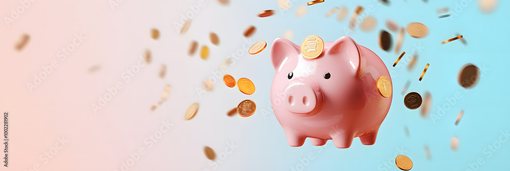 pink piggy bank with coins falling inside - savings concept pink piggy bank with coins falling inside - savings concept