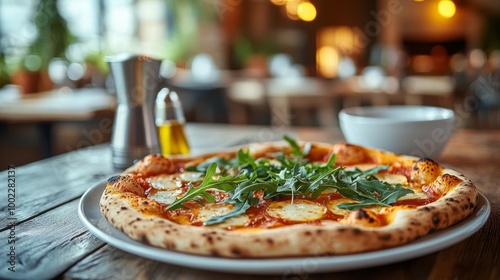 Freshly baked pizza topped with arugula served in a rustic restaurant setting