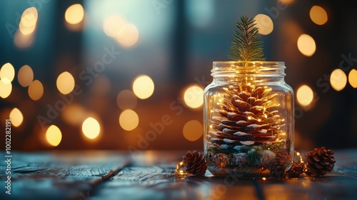 Cozy winter scene with a decorated pine cone in a jar illuminated by warm lights
