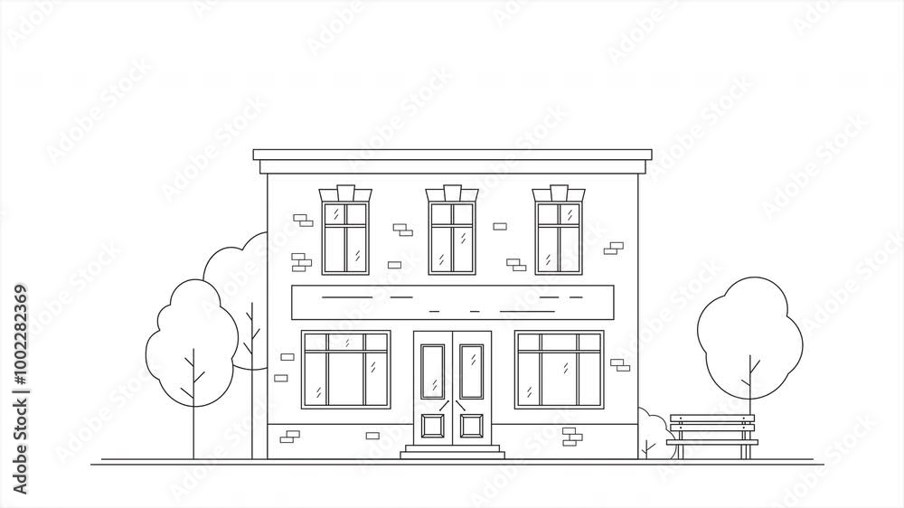 City landscape with house and trees. Old architecture, historical building. Street in line art. 
