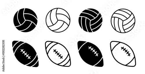 Volleyball ball icon set. Rugby ball icon. Rugby ball.  Sport ball symbol. Ball in different style. Vector illustration