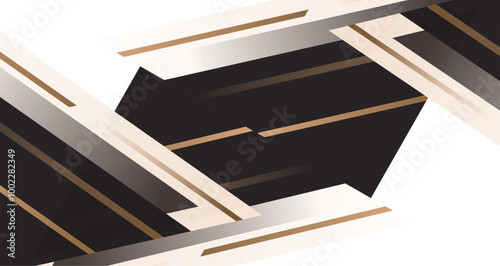 Modern abstract graphic featuring bold black and gold lines on a soft white background