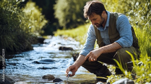 Man Testing Water Quality in a Stream