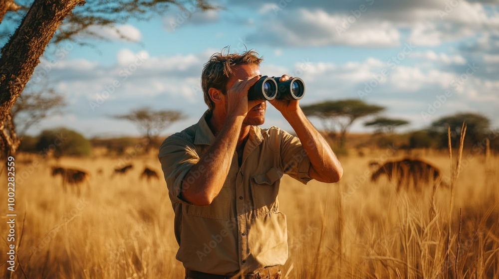 A Man Using Binoculars in a Grassy Field A Man Using Binoculars in a Grassy Field