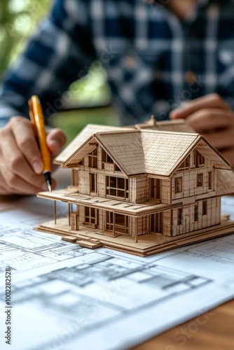 Architectural model creation with detailed blueprints in a bright workspace d...