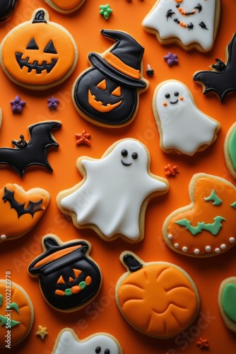 Colorful Halloween-themed cookies arranged on a festive table with a cauldron