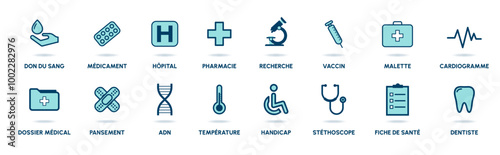 Collection d'icônes du milieu médical - Pictogrammes divers autour de la médecine - Vecteur - Éléments d'outils ou d'activités de santé - Dessin médicaux éditables - Ensemble de pictos photo