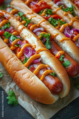Deliciously topped hot dogs with fresh vegetables in a casual outdoor setting