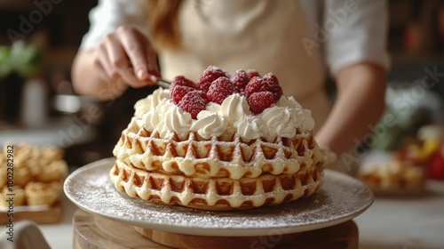 Young woman smiling while holding a dish of waffles in a cozy kitchen at midday