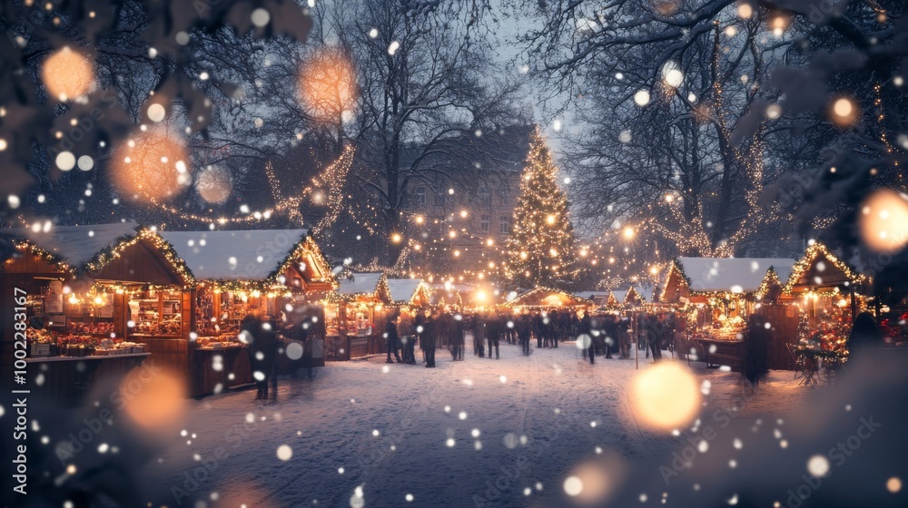 Illuminated Christmas Market with Snowfall and a Tall Decorated Tree Illuminated Christmas Market with Snowfall and a Tall Decorated Tree