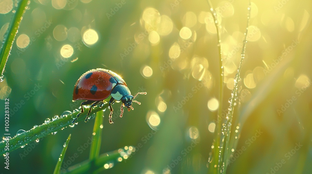 Obraz premium Red and blue bugs perched on top of lush green grass with dew-drenched blades