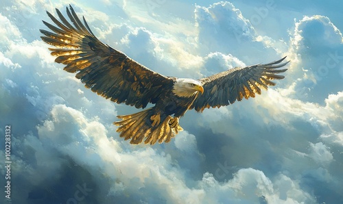 A majestic bald eagle soars through a sky filled with fluffy white clouds, its wings outstretched and catching the light.