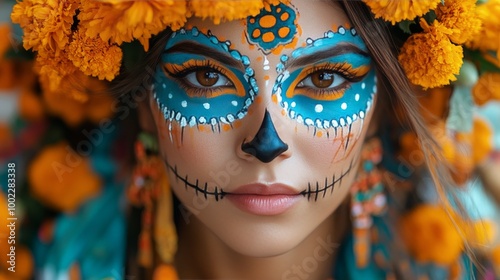 A woman with vibrant sugar skull makeup celebrates the Day of the Dead in a c...