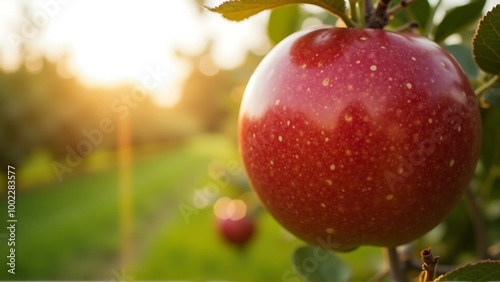 Longshoot, Ripe red apple close-up with sun rays and apple orchard in the background