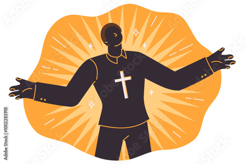 Christian preacher with cross around neck praises god by spreading ideas from gospel or bible