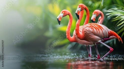 Two flamingos standing gracefully in a serene wetland during sunrise