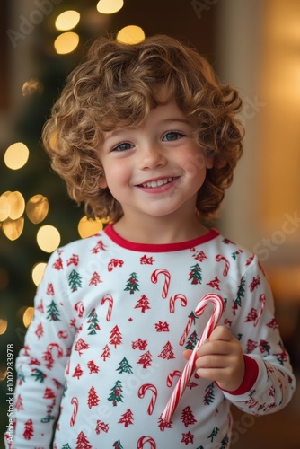 Cheerful child holding a candy cane while wearing festive pajamas in a cozy h...