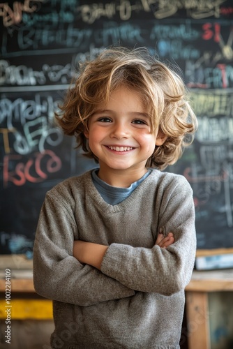 Young boy smiling confidently in a classroom environment with a chalkboard ba...