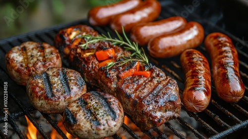 Grilling flavorful sausages and meats over an open flame at a summer barbecue...