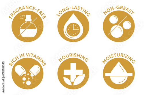Skin moisturizer main features icons set, monochrome, circle shapes