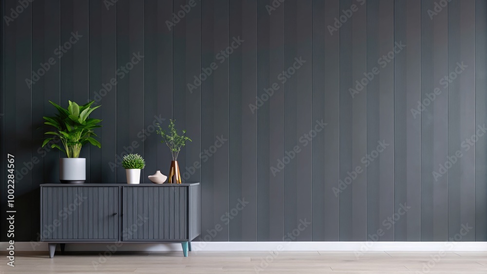 Modern interior with plants and a striped wall. Modern interior with plants and a striped wall.