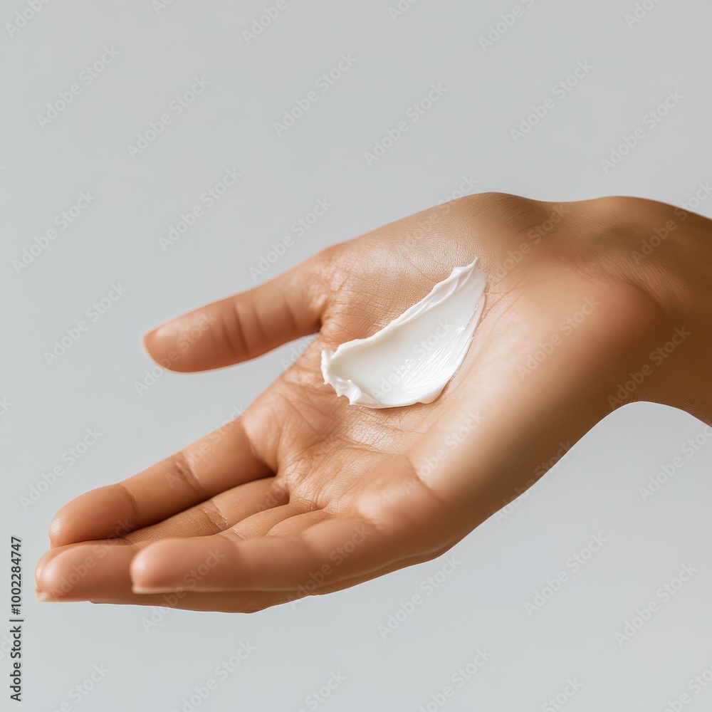 Close-up of a hand with moisturizer cream, highlighting skincare and self-care concepts on a neutral background. Close-up of a hand with moisturizer cream, highlighting skincare and self-care concepts on a neutral background.